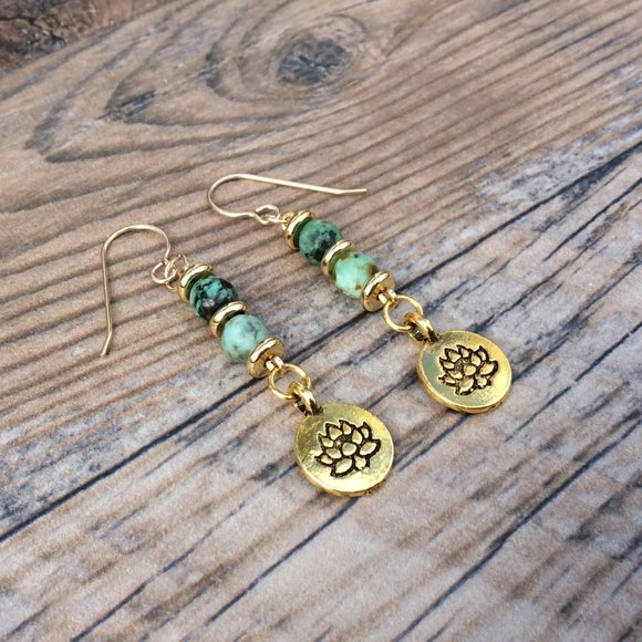 Lotus earrings with African Turquoise, healing jewelry, 14k gold filled - Picture 1 of 7